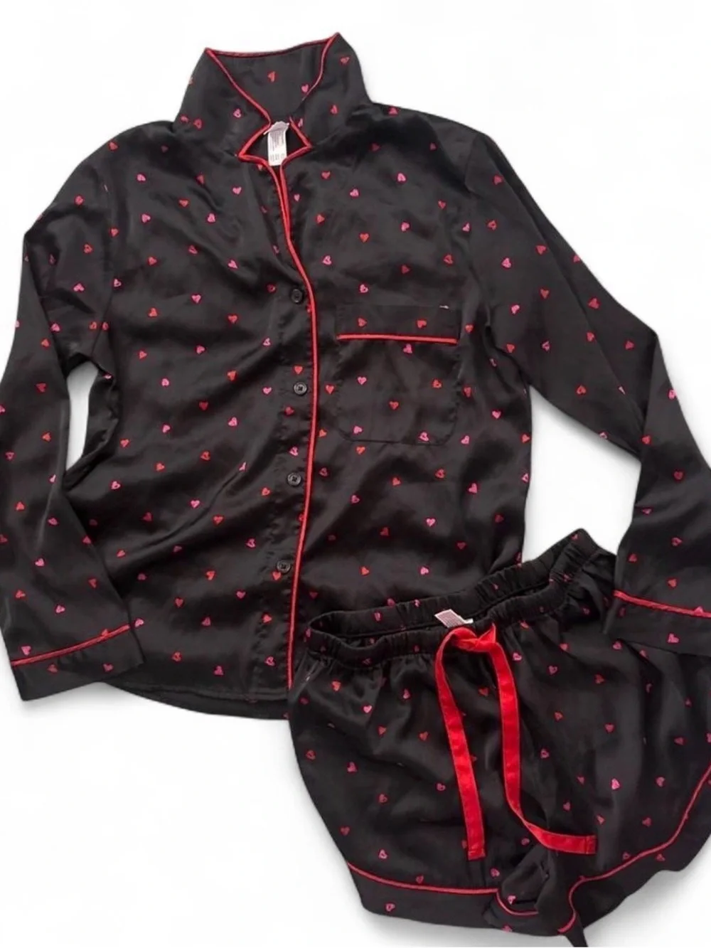 Black Satin Heart-Print Pajama Set with Red Accents